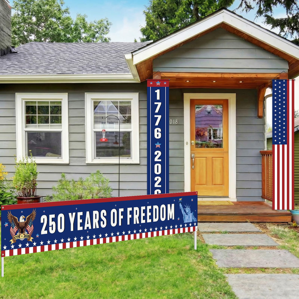 Peryiter porch banner featuring patriotic colors and timeline design