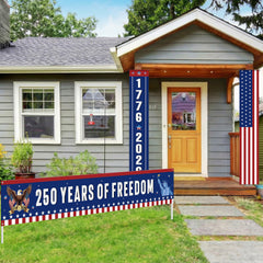 Peryiter porch banner featuring patriotic colors and timeline design