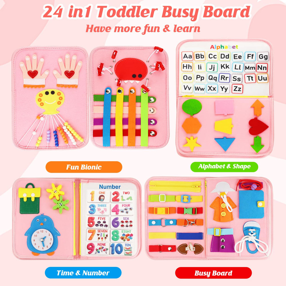 Petenjoy Busy Book 24-in-1 pages showcase Montessori-style activities for early learning