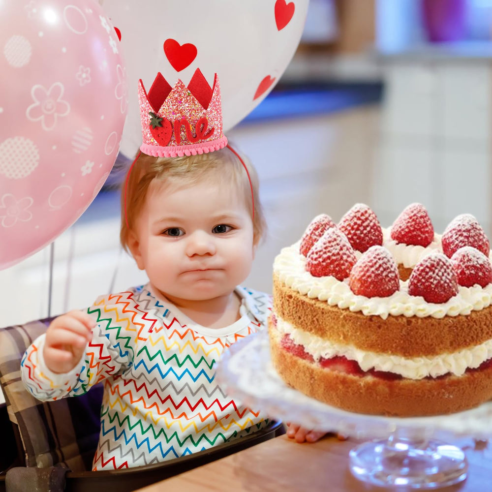 PEUTIER strawberry 1st birthday hat top detail featuring berry motif.