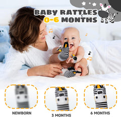 PHEZAPA infant rattle socks close-up shows soft fabric and secure fit.