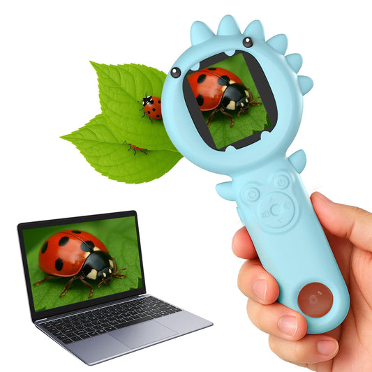 PHNIXGAM 2-in-1 microscope front view with blue dinosaur design for kids
