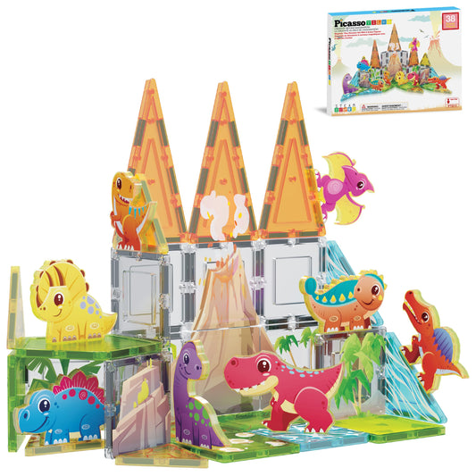 PicassoTiles Dino 38pcs tiles: sturdy magnetic pieces for creative building and pretend play.