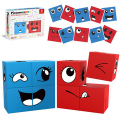 PicassoTiles emotion cubes showcase colorful facial expressions for imaginative storytelling and social play.