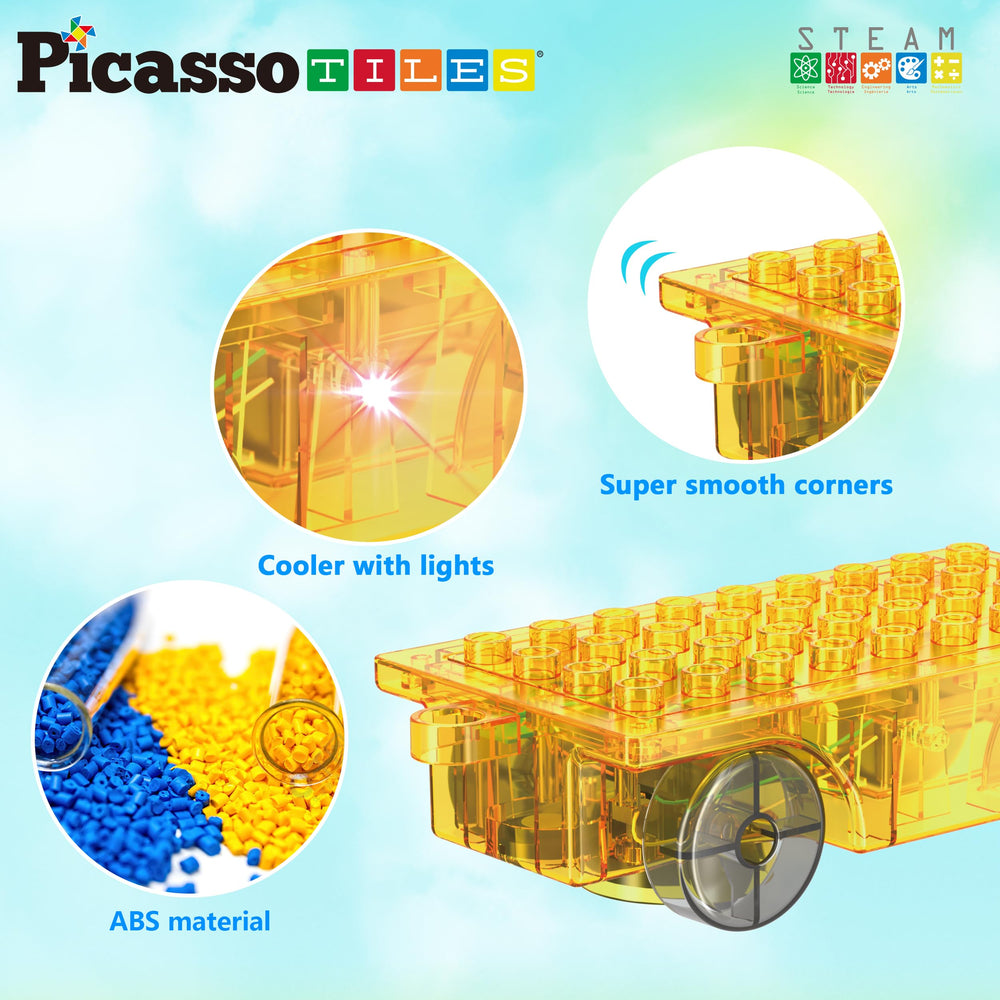 PicassoTiles light and motor action enhances visual appeal during construction.