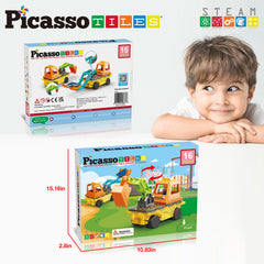 PicassoTiles magnetic tiles and figure, compatible play, extending creative construction sessions.