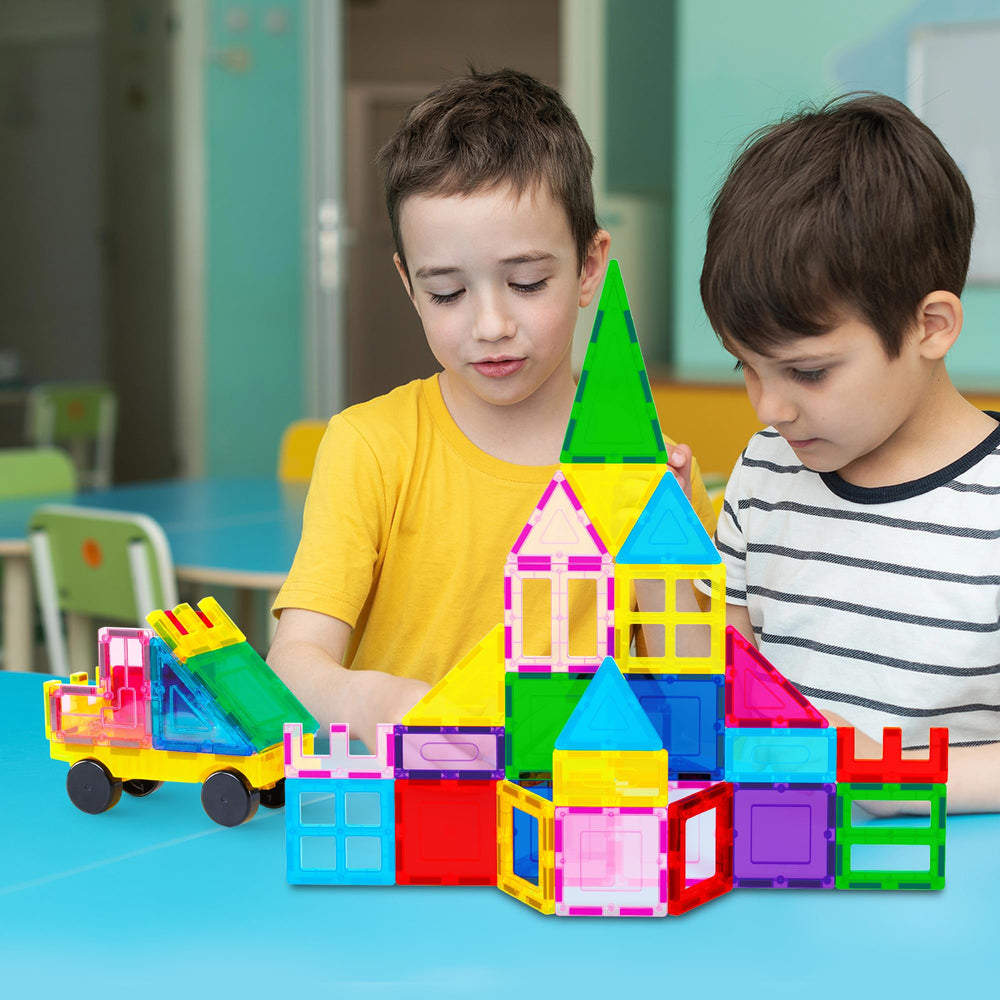 PicassoTiles magnetic tiles with a car piece for dynamic play sessions.