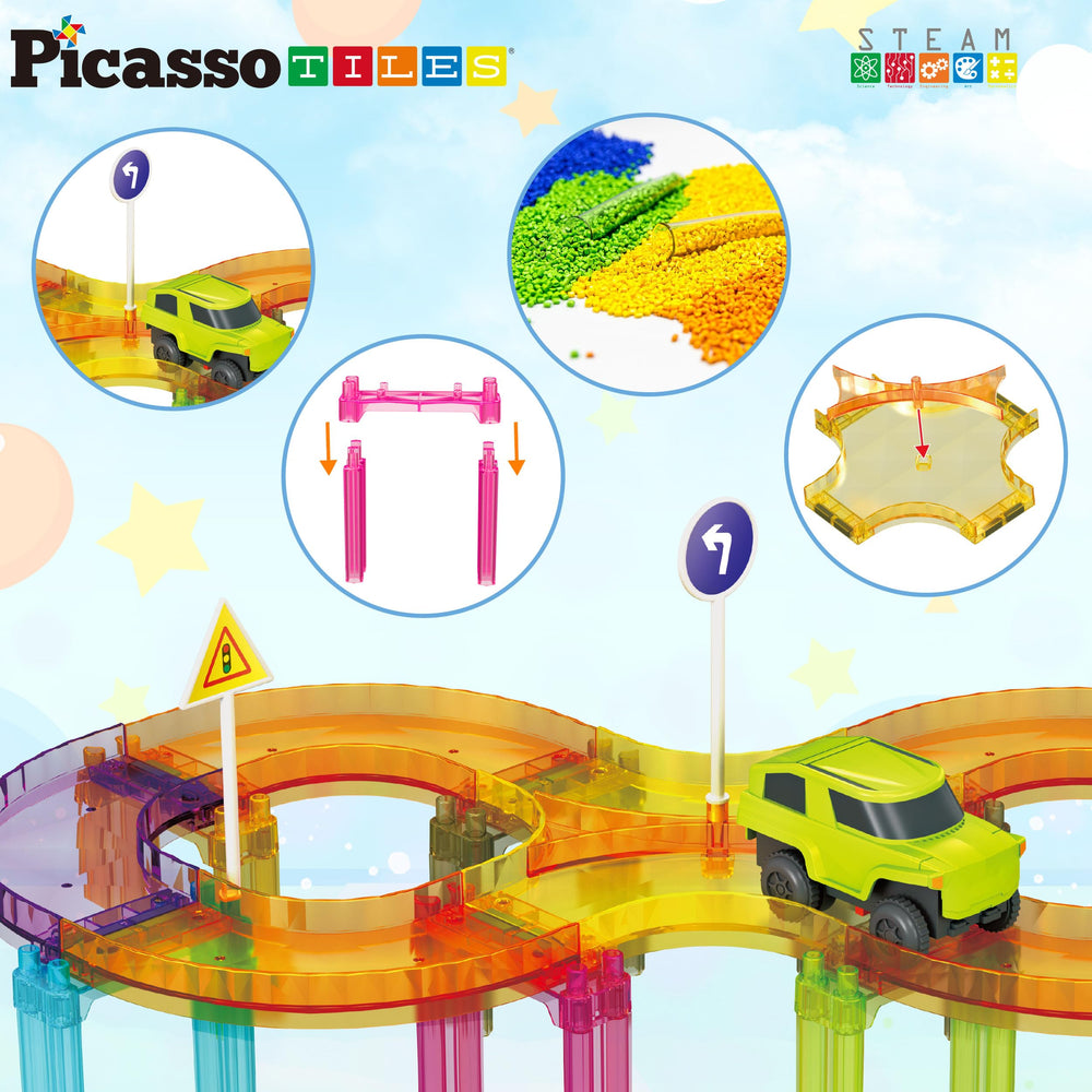 PicassoTiles PTMR40 slopes and columns enable dynamic race layouts.