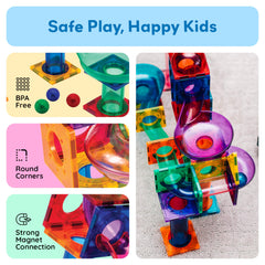 PicassoTiles steel-balls provide satisfying weight for smooth marble runs.