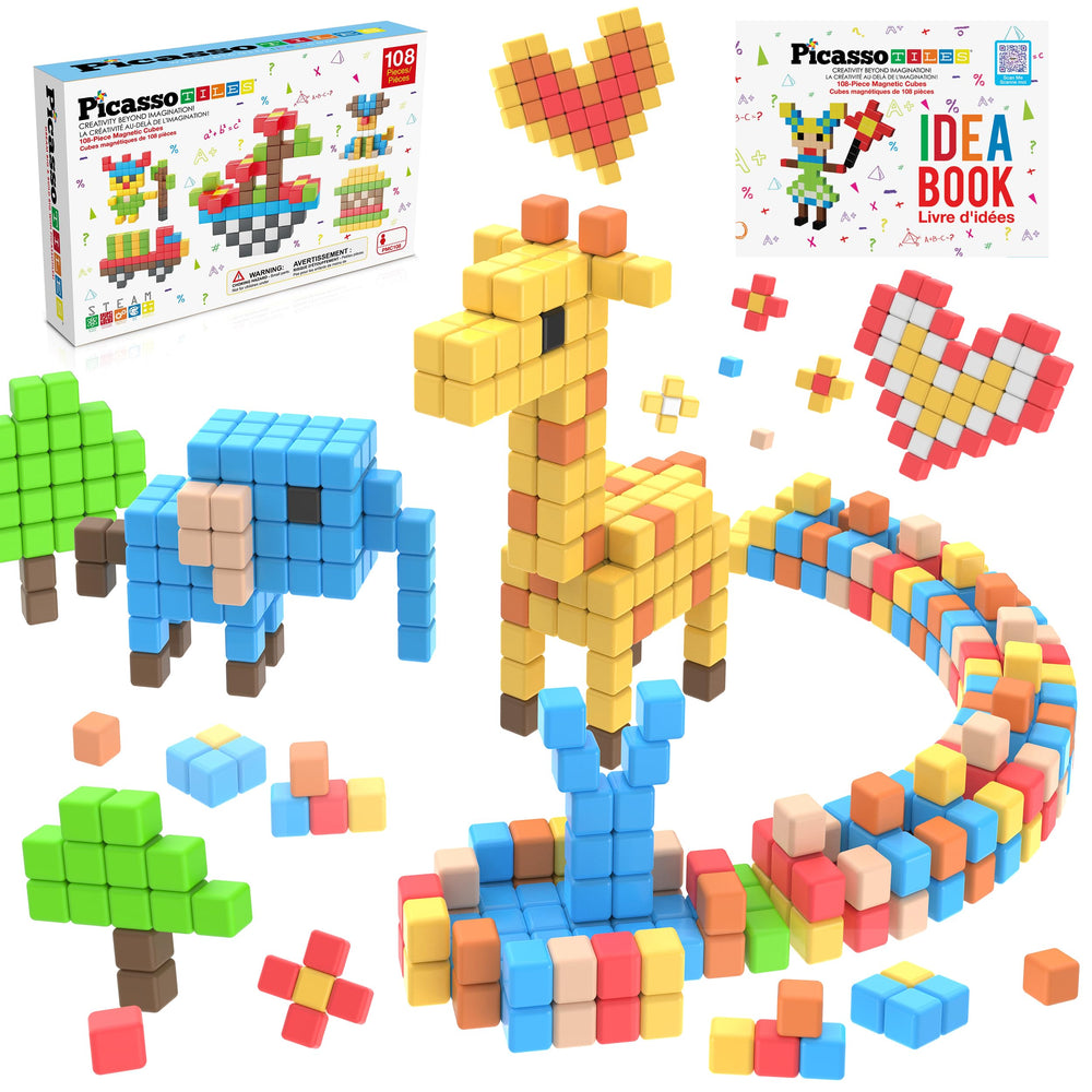 PicassoTiles 108pcs magnetic cubes for creative assembly and problem-solving play.