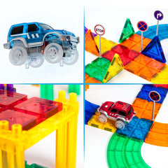 PicassoTiles 16 pillars and 4 ramps create tall, multi-layer tracks with varied elevations.