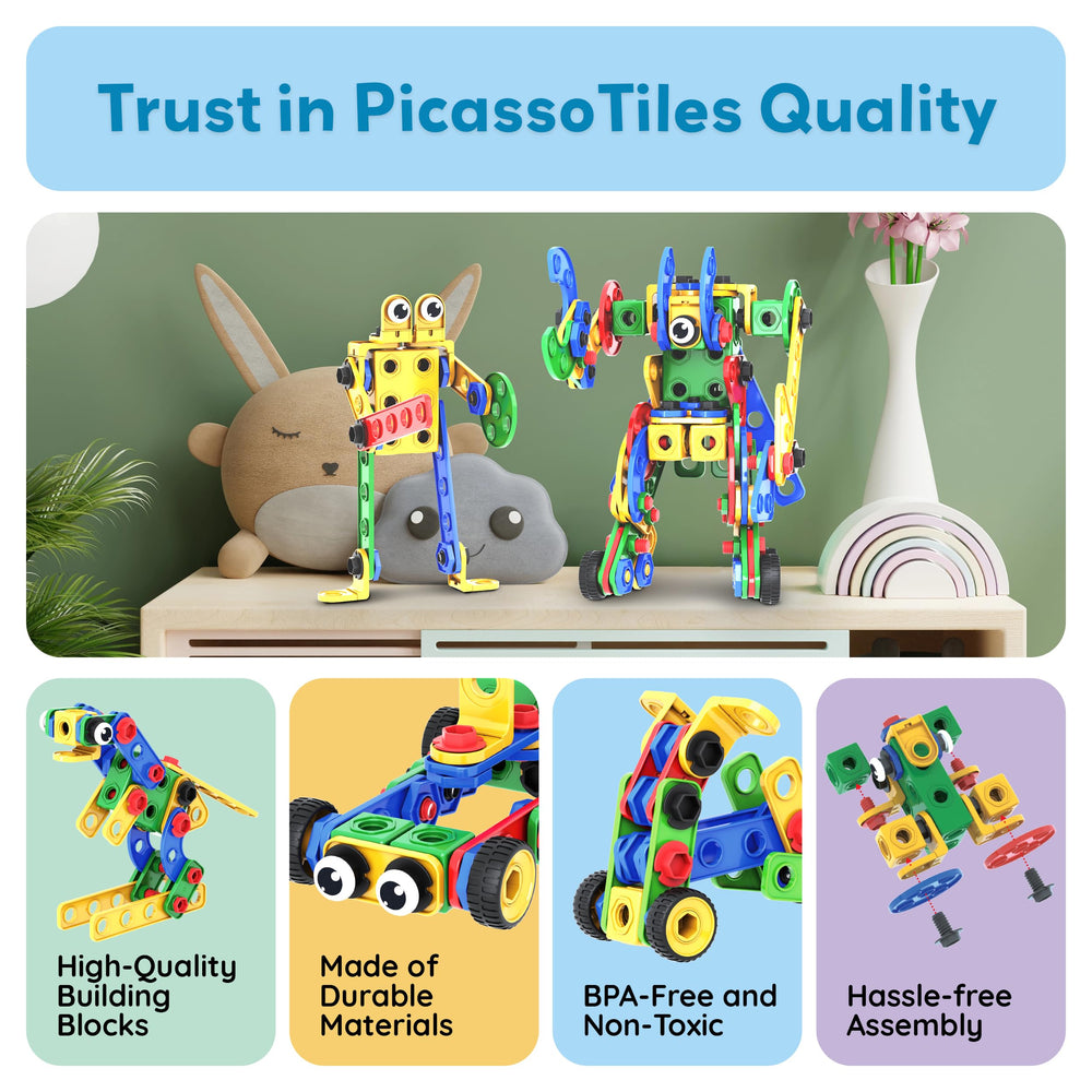 PicassoTiles 201pc durable ABS plastic stands up to years of use.