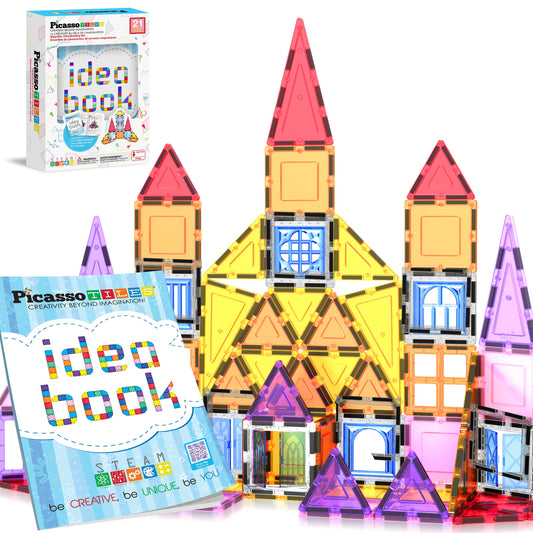 PicassoTiles 21pcs magnetic tiles show versatile construction and imaginative play.