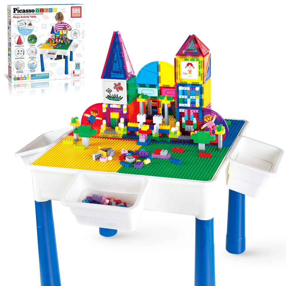 PicassoTiles 585pc table set with magnetic tiles for durable construction play.