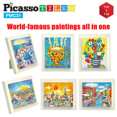 PicassoTiles 6-in-1 Santorini puzzle cubes for imaginative play and early art appreciation.
