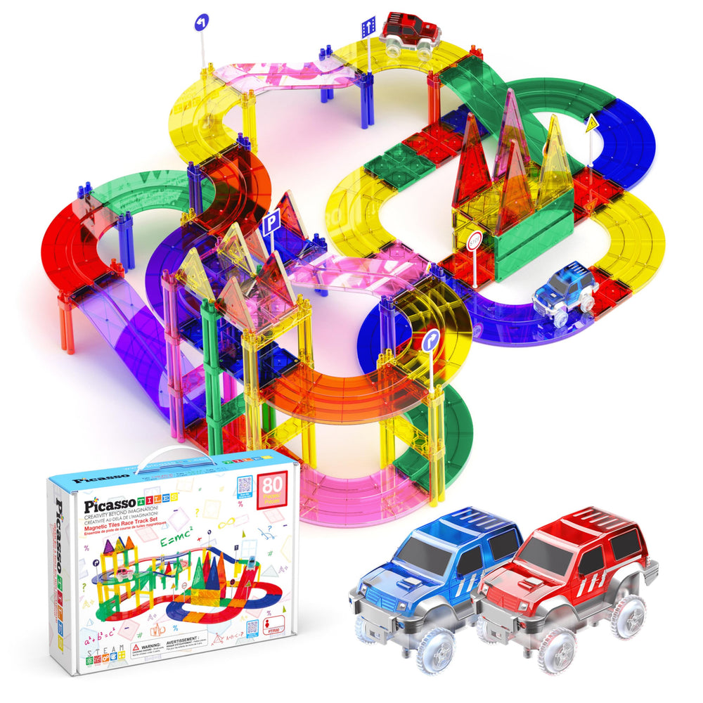 PicassoTiles 80pc race-car track assembly with magnetic connections for easy building.