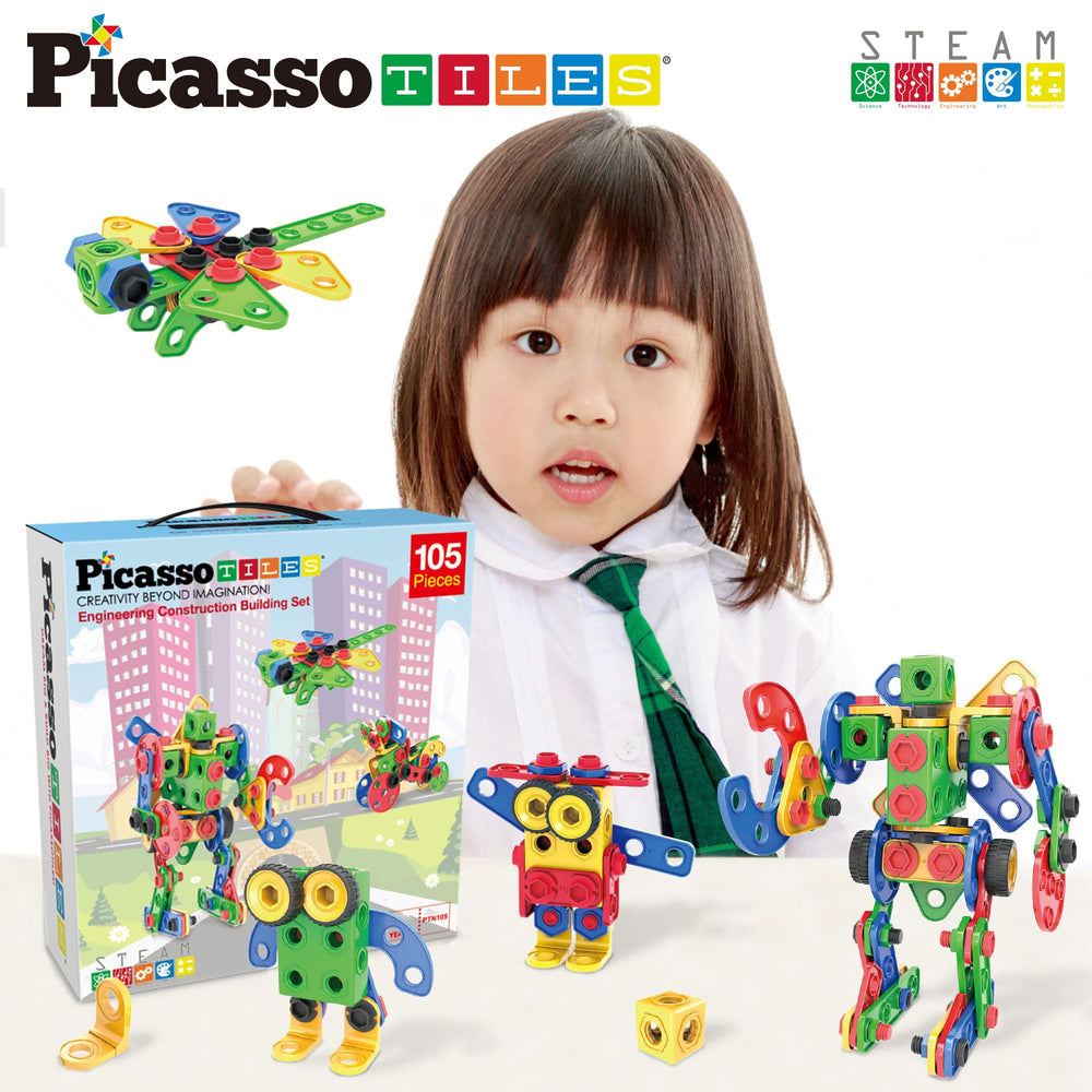 PicassoTiles age 3-plus playset supports safe, open-ended STEM exploration.