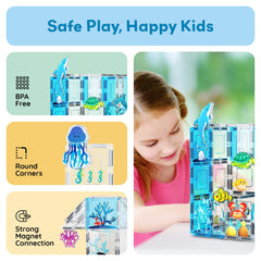 PicassoTiles aquarium sea turtle figure encourages story-driven construction.