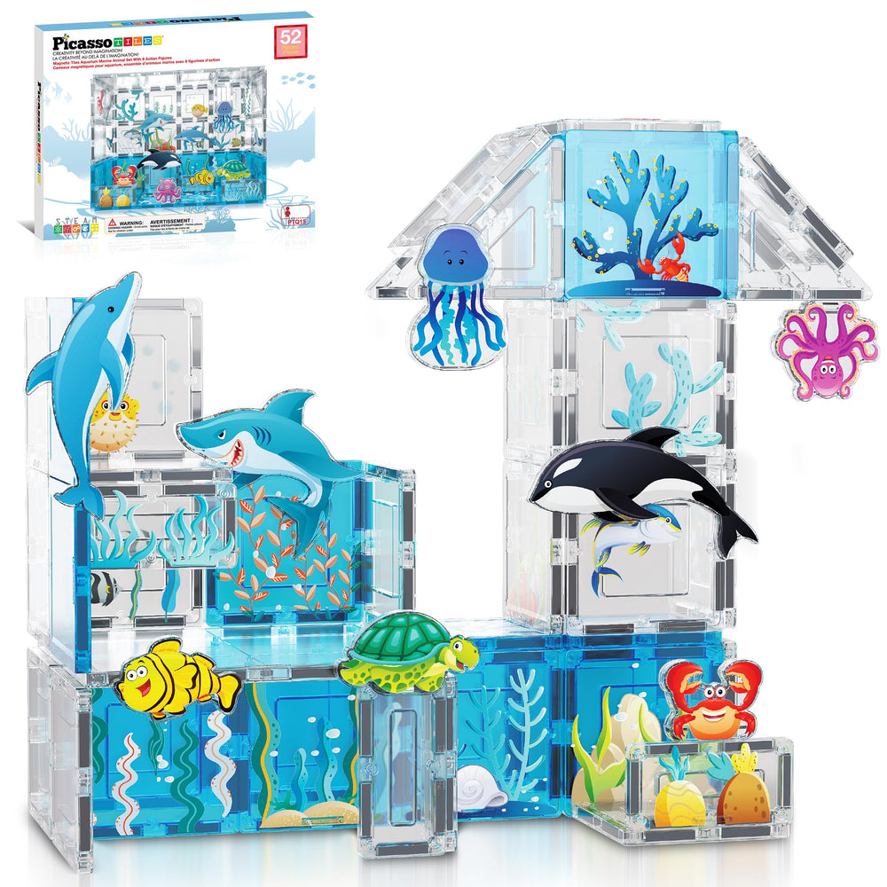 PicassoTiles aquarium set image featuring 44 magnetic blocks for imaginative marine building.
