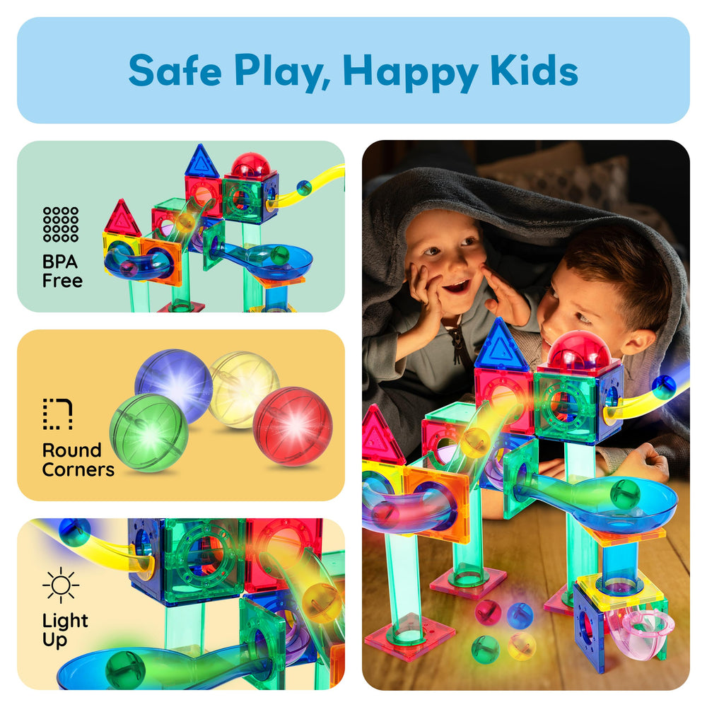 PicassoTiles classroom-friendly set invites teamwork through group marble racing.