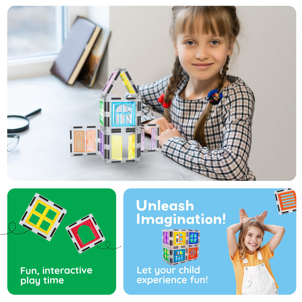 PicassoTiles build towers and castles with reinforced magnets for taller designs.