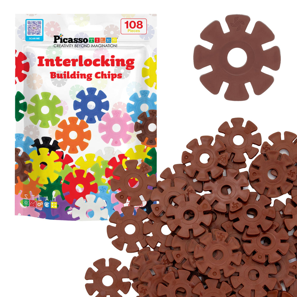 PicassoTiles building chip interlocking disc in brown for creative STEM construction play.