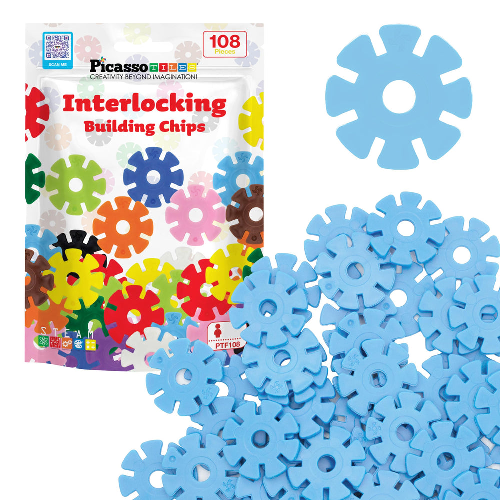 PicassoTiles light blue interlocking discs for building and imaginative play.