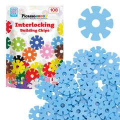 PicassoTiles light blue interlocking discs for building and imaginative play.