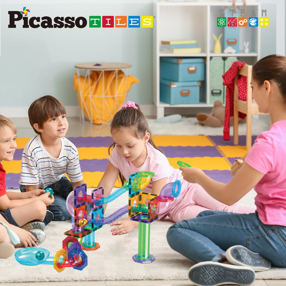 PicassoTiles centrifugal funnels illustrate gravity-driven motion in a vivid setup.