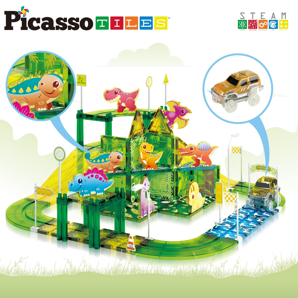 PicassoTiles magnetic dinosaur figures spark imaginative adventures.