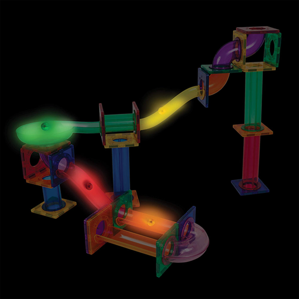 PicassoTiles glow-in-dark marbles power track races with magnetic tiles.