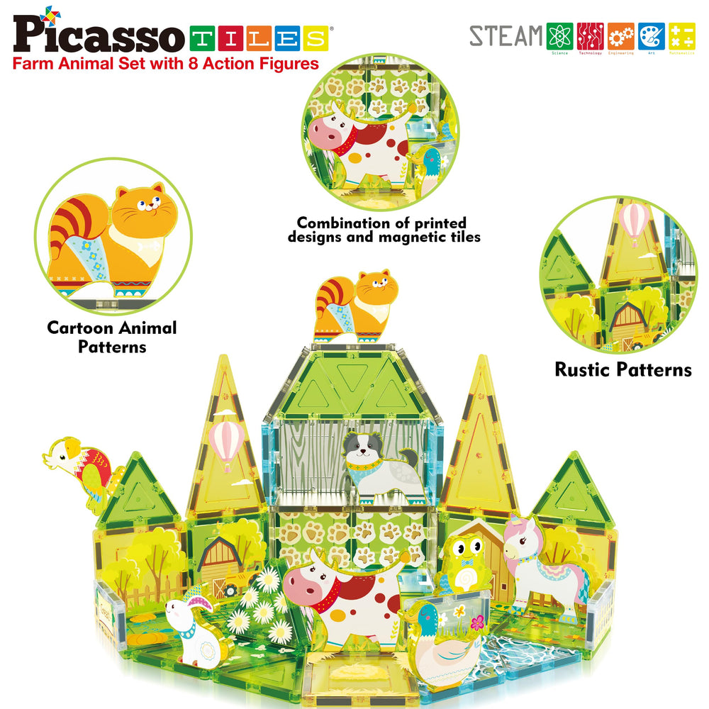 PicassoTiles green triangles layout supports colorful, sturdy farm scenes.