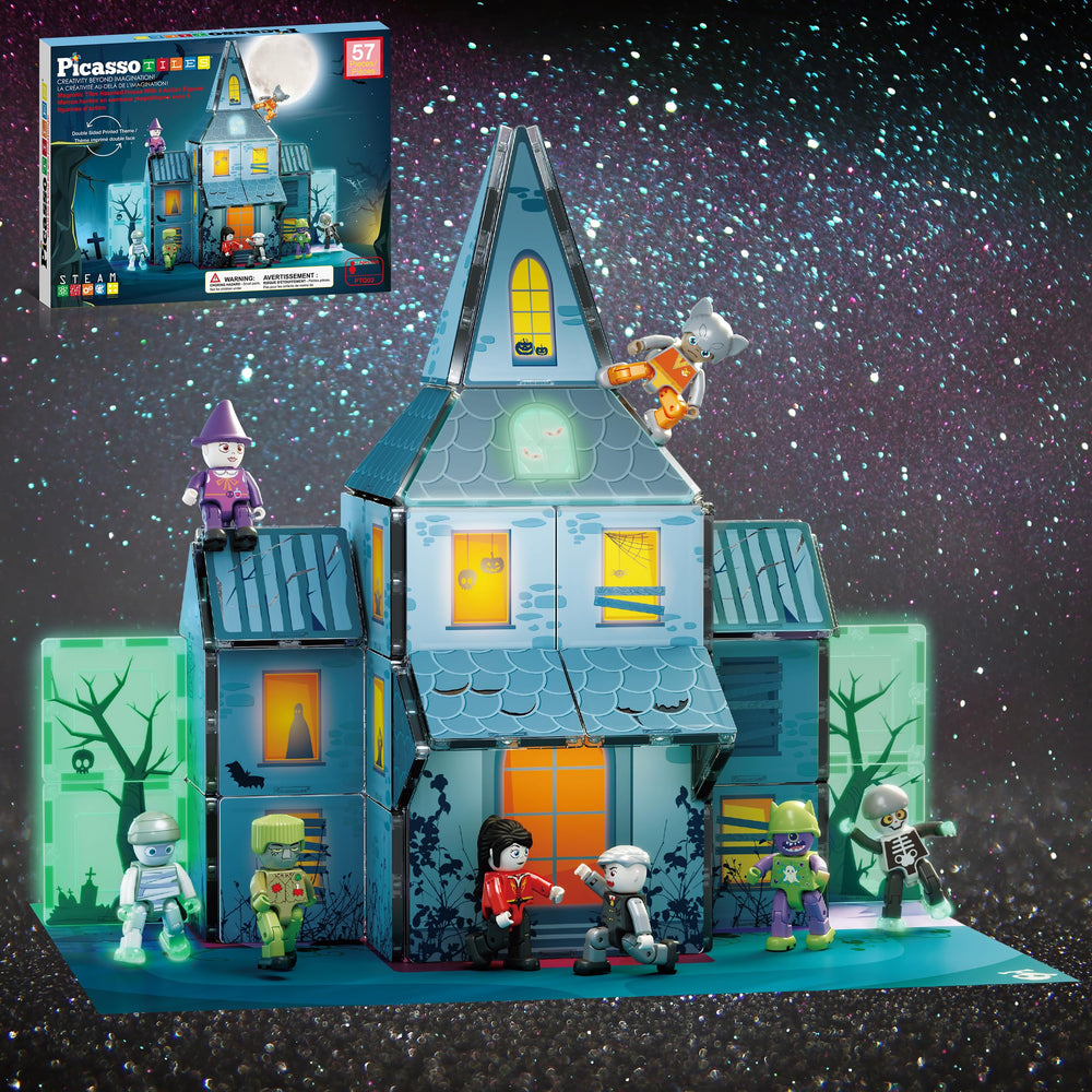 PicassoTiles haunted house front-view tiles invite imaginative spooky builds and storytelling.