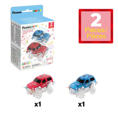 PicassoTiles LED car on track demonstrating seamless integration with magnet race sets.