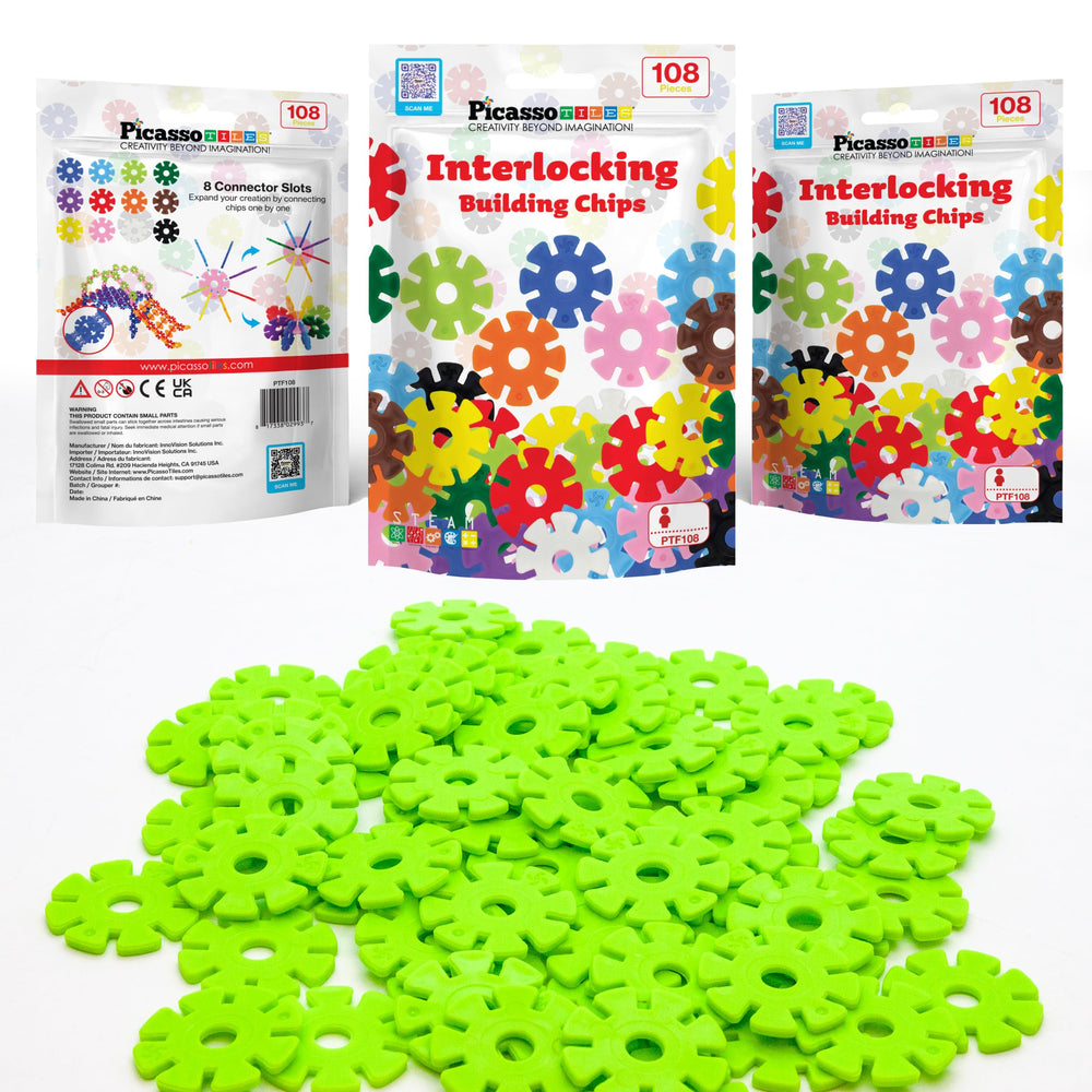 Close-up of PicassoTiles light green discs highlighting color and interlocking design.