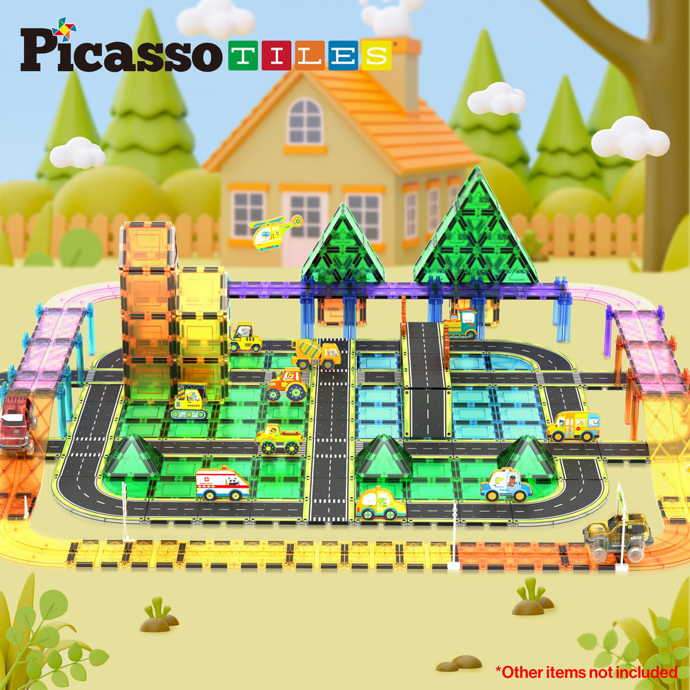 PicassoTiles magnetic road tiles connect easily to form extendable tracks.