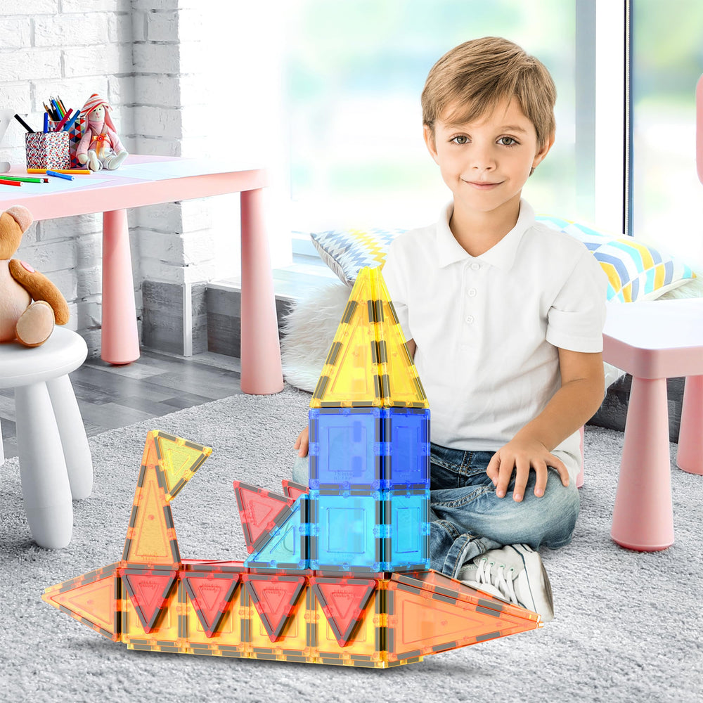 PicassoTiles magnetic tiles close-up highlighting clear surfaces for precise placement and play.
