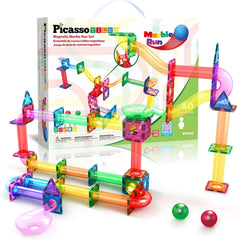 PicassoTiles magnetic tiles marble run in rainbow colors for creative problem solving.