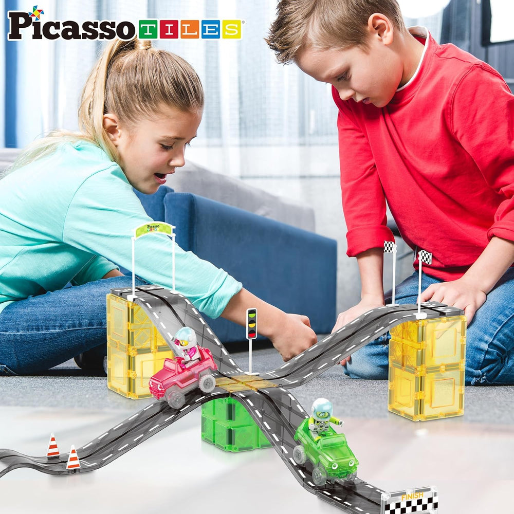 PicassoTiles magnetic tiles provide modular, expandable raceway possibilities.