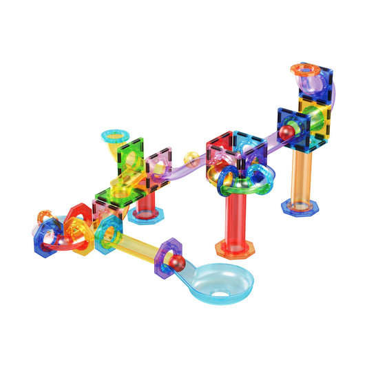 PicassoTiles marble run race track with translucent pieces improves hand-eye coordination.