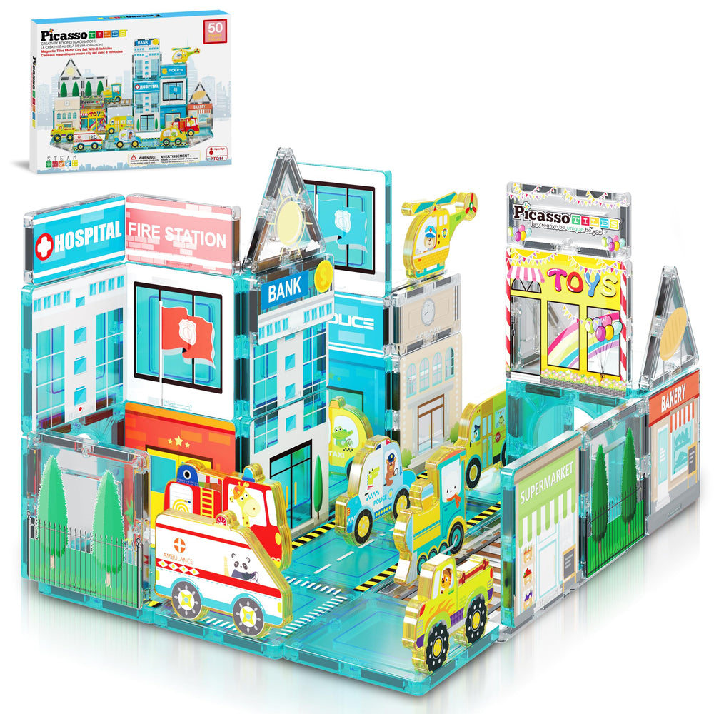 PicassoTiles Metro City Hospital magnetic tiles for imaginative city layouts and fine motor play.