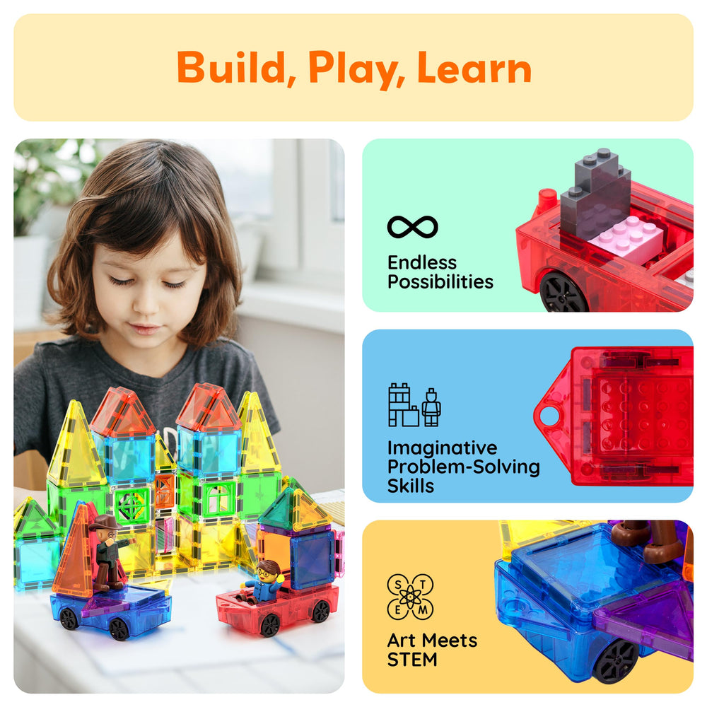 PicassoTiles mini diamond car blue side view, brick in middle plus figure insert for stories.