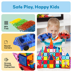 PicassoTiles car with action figures; encourages interactive storytelling.