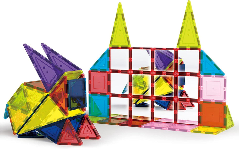PicassoTiles mirror magnetic building tiles show reflections for enhanced play