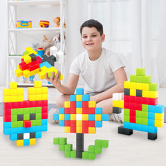 PicassoTiles PMC60 kids building a tower with magnetic cubes for STEM play.