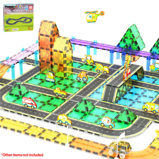 PicassoTiles printed road tiles create a colorful highway layout for imaginative play.
