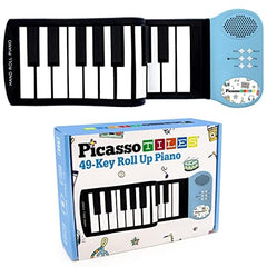 PicassoTiles PT49 foldable roll-up piano in blue, compact and portable for easy transport.