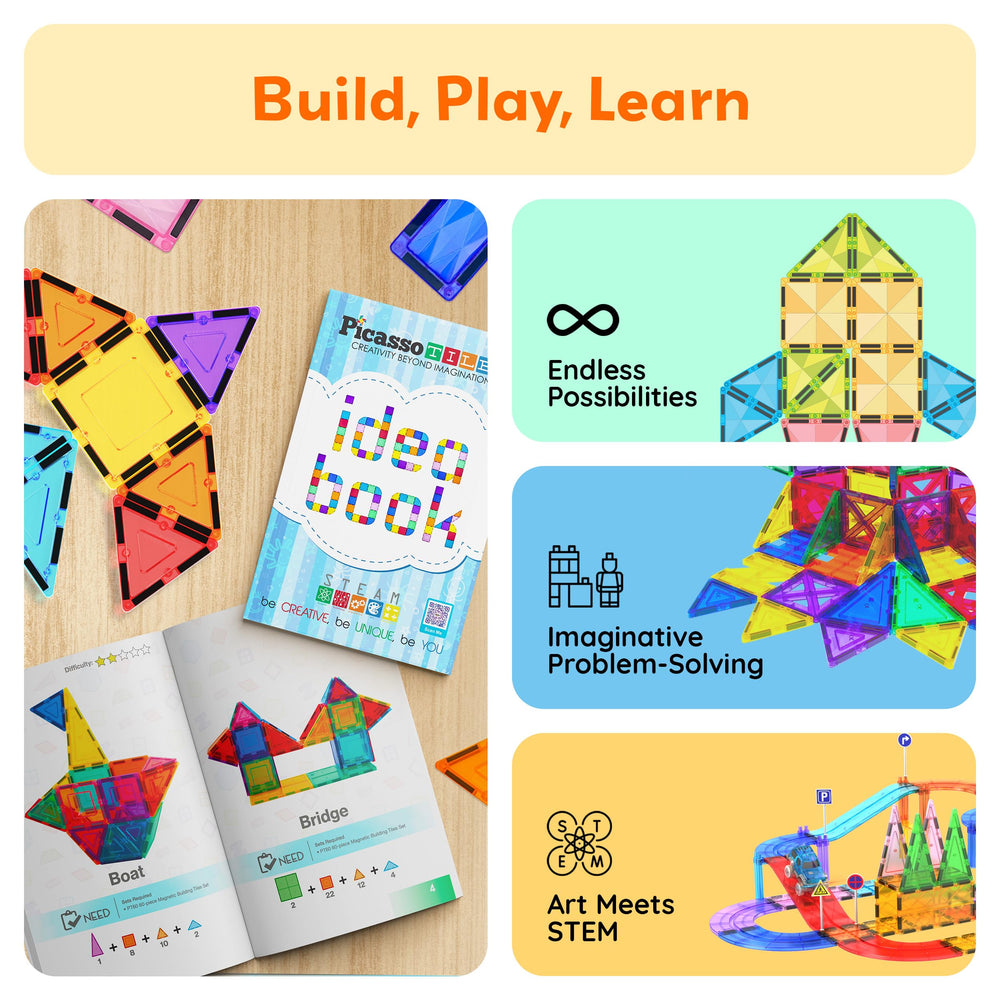 PicassoTiles race track marble run designs showing dynamic play ideas
