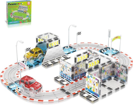 PicassoTiles Race Track Tiles enable imaginative racing on a magnetic, easy-to-build grid.