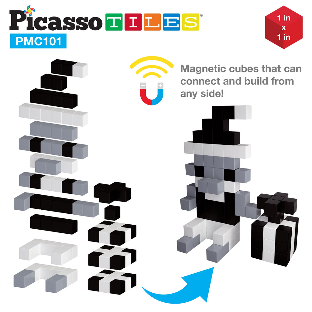 PicassoTiles 1-inch cubes support precise placement and fine motor skills.